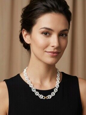 Vintage Signed Napier 1980s White Enamel Cut-Out Scroll Chain Necklace - Retro
